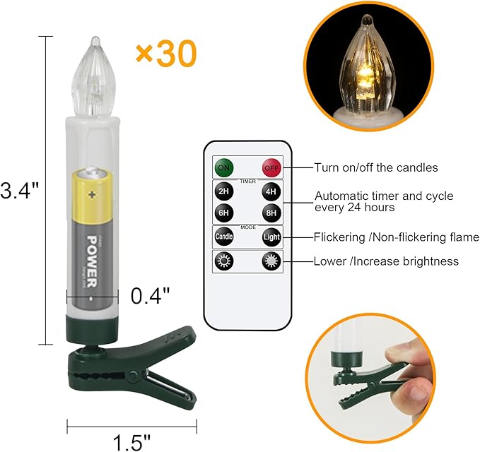 DRomance Christmas Tree Flameless Taper Candle Lights Battery Operated with 10-Key Remote and Timer, 30 Pack Plastic 3D Wick Flickering LED Taper Candles Multi-Using Home Garden Holiday Decor 3.4"-VerdiqueGarden