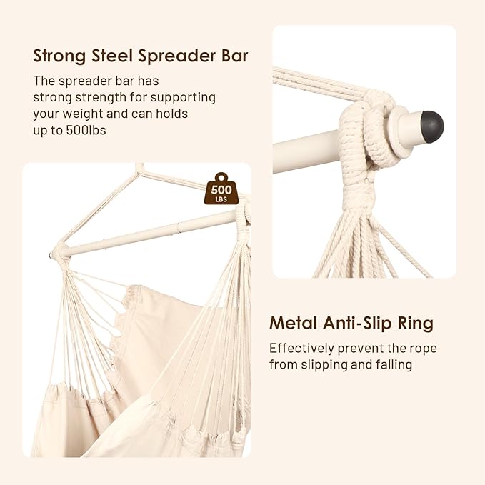 Highwild Hanging Rope Hammock Chair Swing Seat for Any Indoor or Outdoor Spaces - 500 lbs Weight Capacity (Beige)-VerdiqueGarden