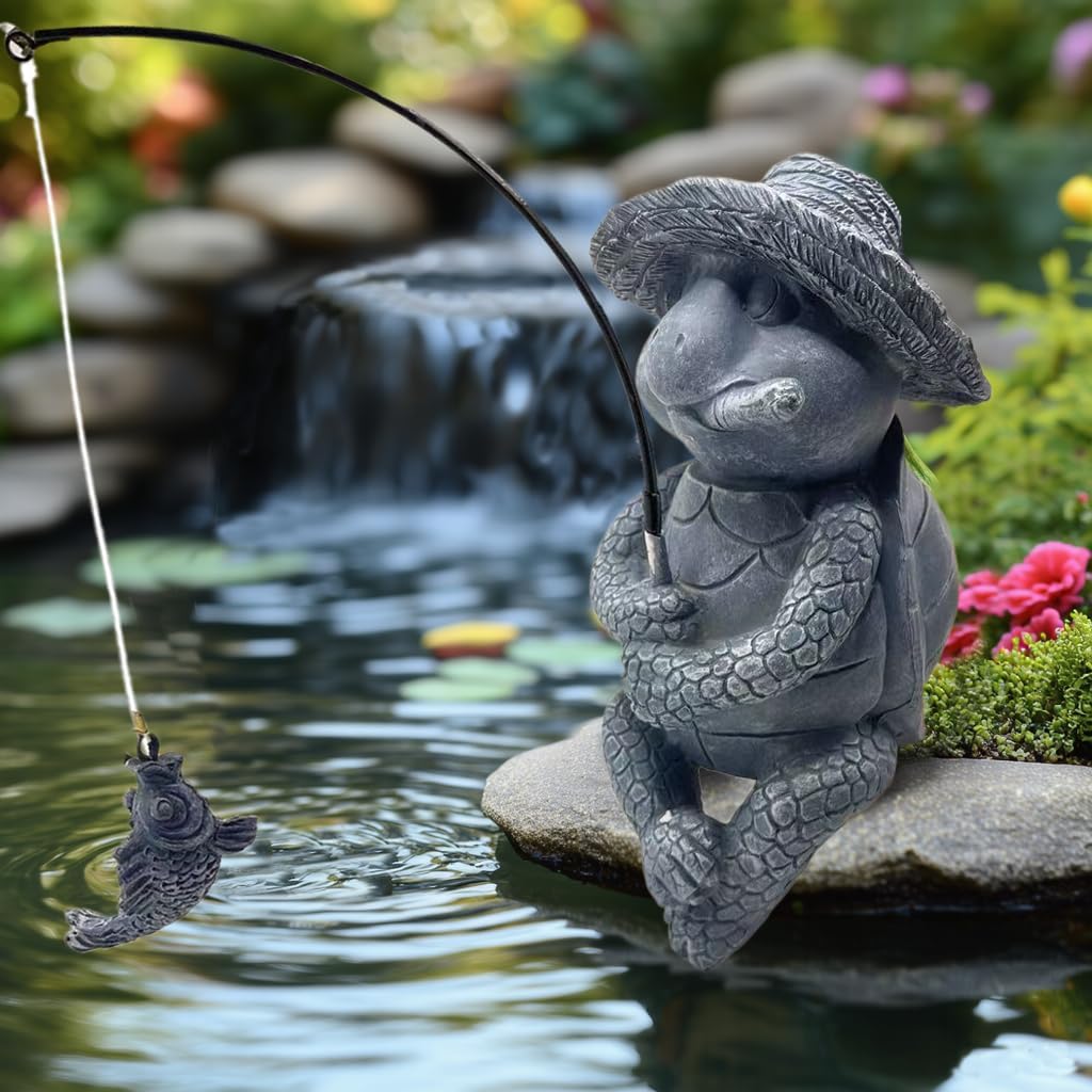 Tortoise Fishing Statue Garden Decor，9.8" Weatherproof Resin Tortoise Fishing Sculpture Decor for Fish Ponds, Koi Ponds, Waterfalls, Poolside Outdoor Gardens Resin Figurine for Indoor Outdoor Décor-VerdiqueGarden