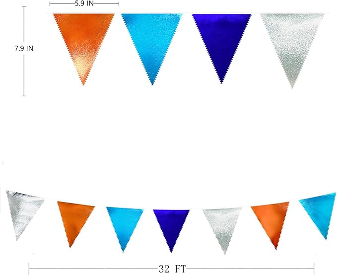 Orange Blue Silver Party Decorations Metallic Fabric Triangle Pennant Banner Flag Bunting Garland for Space Theme Birthday Wedding Bridal Shower Baby Shower Engagement Graduation Party Supplies-VerdiqueGarden