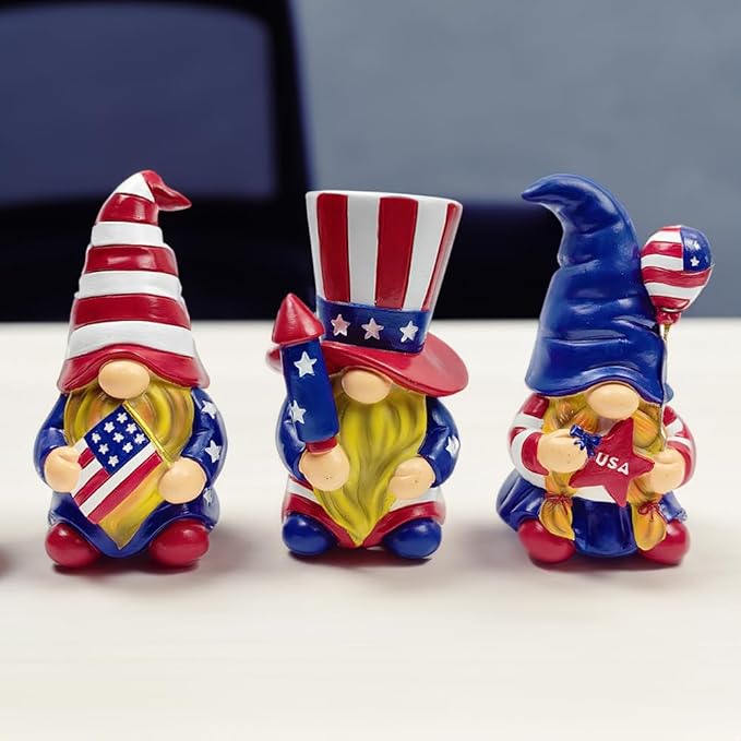 Spring & Summer-Themed Garden Statues – Adorable Outdoor Decor for Lawn, Patio & Porch (Patriotic Gnome Trio Figurines, 6" Set of Three Garden Statues and July 4th Decoration)-VerdiqueGarden