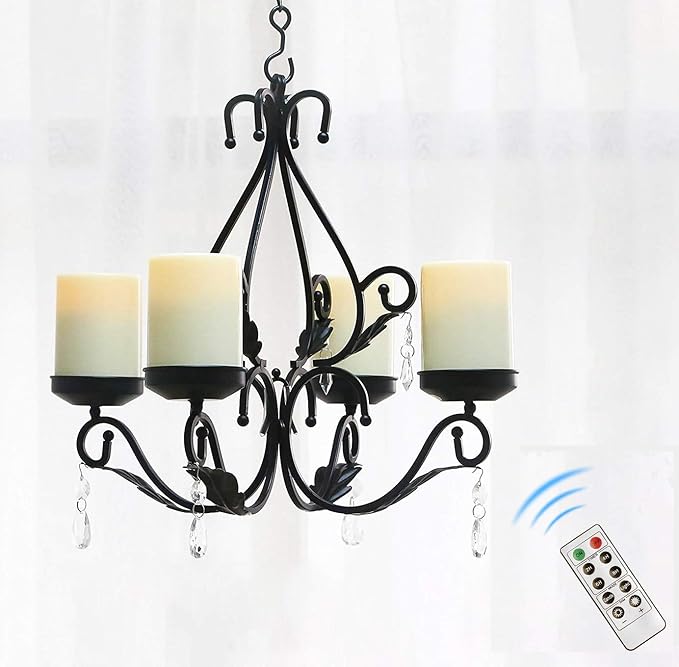 3 in 1 Lighting Chandelier with 4pcs Battery Operated Led Candle with Remote, Table Centerpiece for Indoor or Outdoor Gazebo, Patio Decoration, Black-VerdiqueGarden