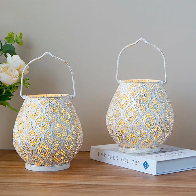 TRIROCKS Set of 2 Moroccan Decorative Lamps 8'' High Battery Powered Cordless Lamp Metal Table Lamps with Fairy Lights Bulb for Home Living Room Garden Yard Party Events Tabletop Indoor Outdoor(White)-VerdiqueGarden