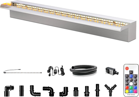 LONGRUN Waterfall Pool Fountain, Updated 5.9'' Wider Open Lip Stainless Steel Waterfall Spillway, Decorative Water Feature for Swimming Pools, Koi Ponds, Spa & Garden - 23.6''-VerdiqueGarden