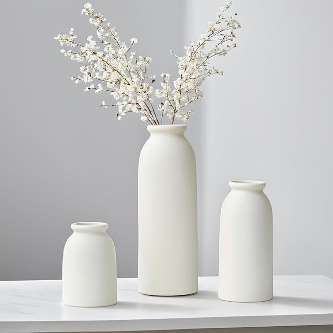 Ceramic Vase Set-3, Small Flower Vases for Decor, Modern Boho Farmhouse Style, Decorative Shelf Vases for Pampas Grass & Dried Flowers, Distressed Finish (White)-VerdiqueGarden