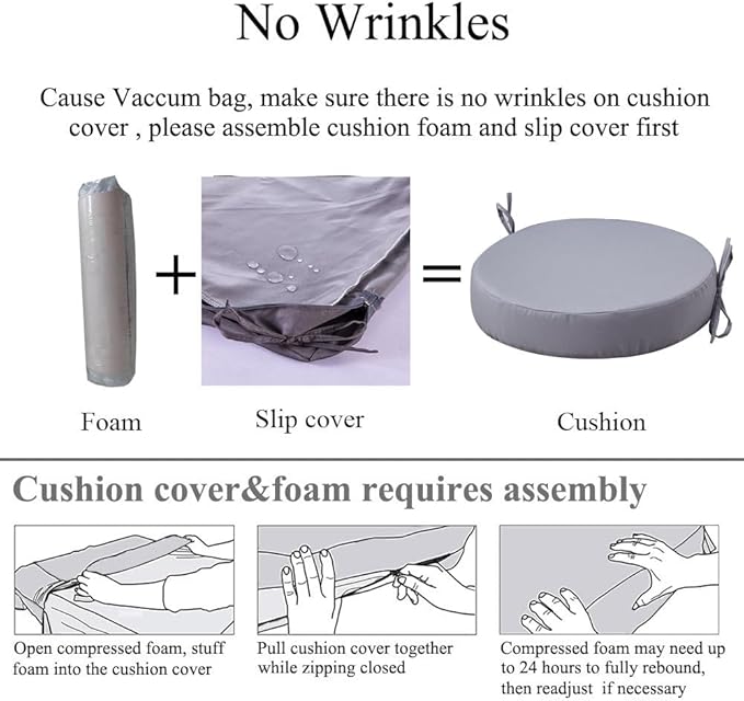 15 x 15 Inch Round Cushions for Outdoor Furniture Non-Slip Waterproof Patio Bistro Chair Cushion with Ties Bar Stool Seat Cushion for Kitchen Chairs Set of 2, Light Gray-VerdiqueGarden