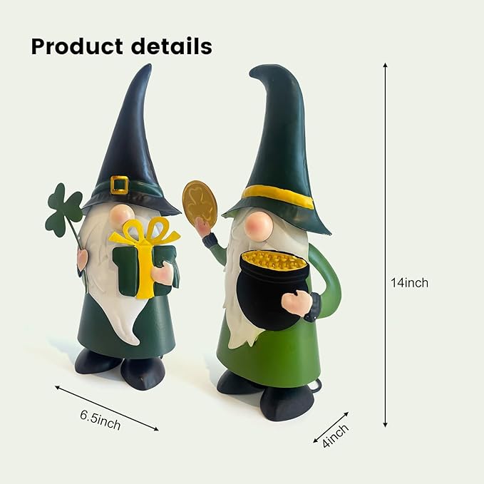 HONGLAND St. Patricks Day Decorations Outdoor Green Gnomes, Metal Gnomes Figurine Irish Leprechaun St Patricks Day Decor, Luck Shamrock Gnome for Home Outside Garden Lawn Party Yard Patio (14 INCH)-VerdiqueGarden