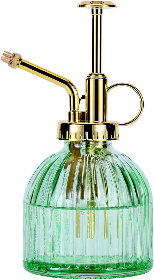 Glass Plant Mister Spray Bottle, 6.5" Green Glass Water Spray Bottle with Gold Top Pump Small Watering Can, Small Plant Sprayer Mister for Indoor Outdoor House (Green+Gold A)-VerdiqueGarden