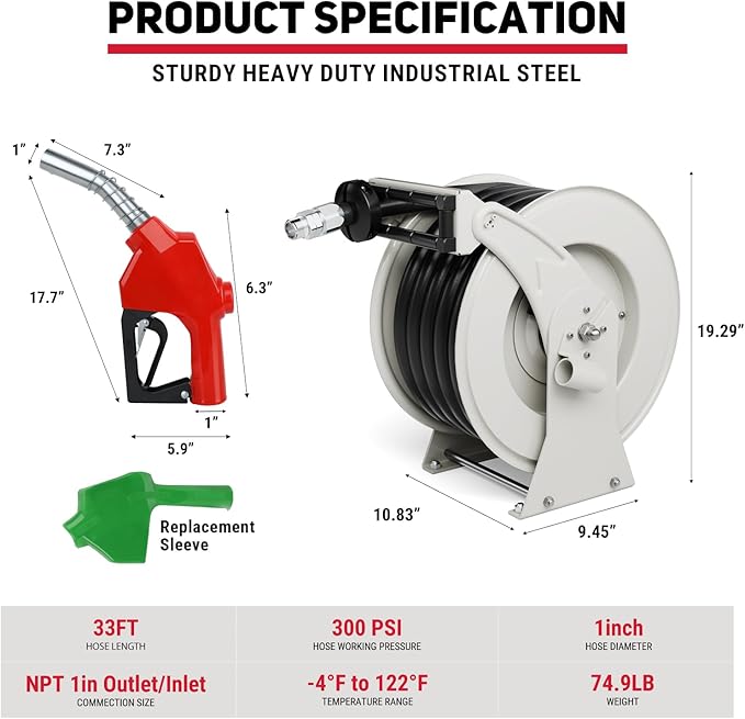 Fuel Hose Reel 1" x 33', 300 PSI Heavy-duty Steel Construction with Refueling Nozzle, Diesel Fuel Reel Used for Aircraft Ship Vehicle Tanker Truck-VerdiqueGarden