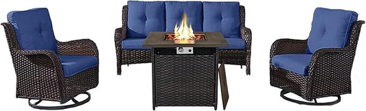 Outdoor Patio Furniture Set with 50000BTU Propane Fire Pit Table, 4 Pieces Wicker Patio Conversation Set with 2 Swivel Rocker Glider Chairs Rattan Sofa Blue Cushion Perfect for Gathering-VerdiqueGarden