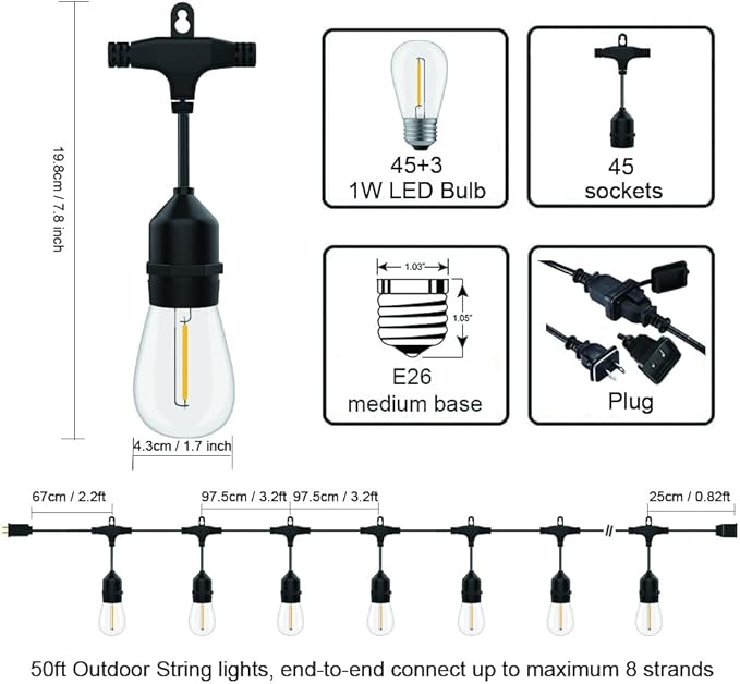 SUFEIMAS Outdoor String Lights LED 150FT with 45 Sockets 48pcs S14 Shattreproof Edison Bulbs,Dimmable LED Outdoor String Lights for Outside, Patio,Backyard, Market, Cafe (3 * 50ft)-VerdiqueGarden