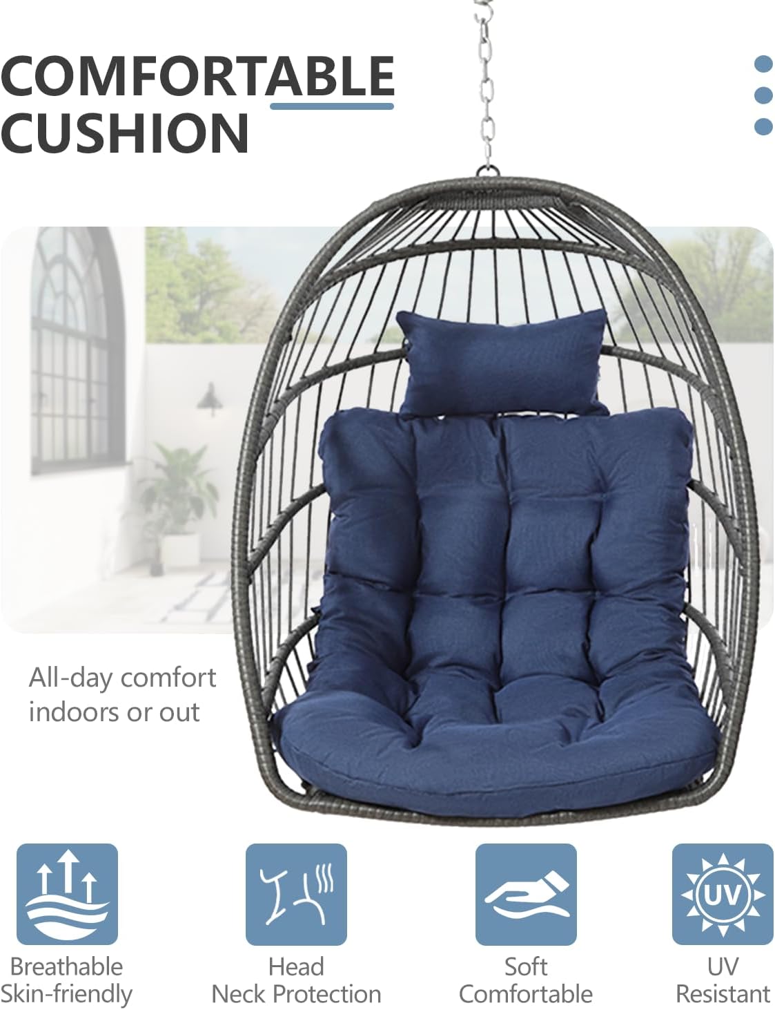 SWITTE Egg Chair Outdoor with Stand, Indoor Wicker Hanging Egg Swing Chair with Cushion, 350lbs Capacity for Patio, Bedroom, Garden - Dark Blue-VerdiqueGarden