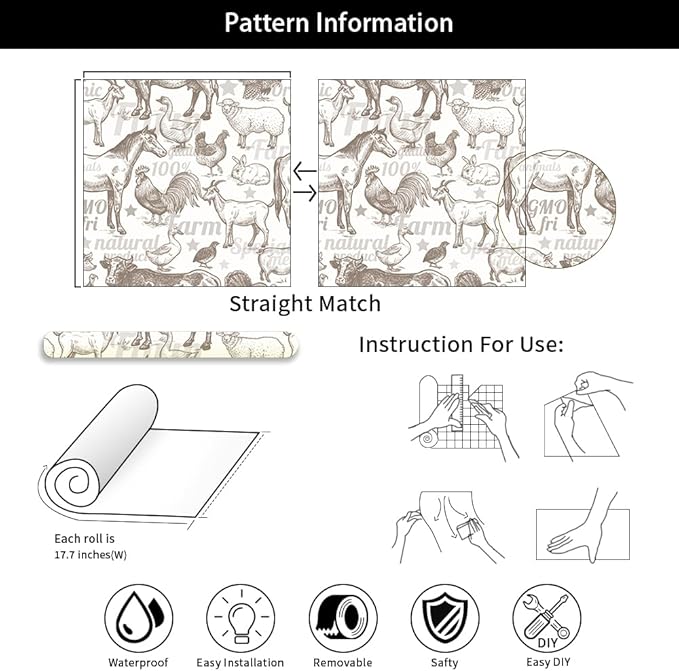 Boho Rustic Farm Animals Cow Rooster Horse Turkey Peel and Stick Wallpaper Self Adhesive Removable Easy Peel Off Stick on Wall Paper for Bedroom Cabinet Renter-VerdiqueGarden
