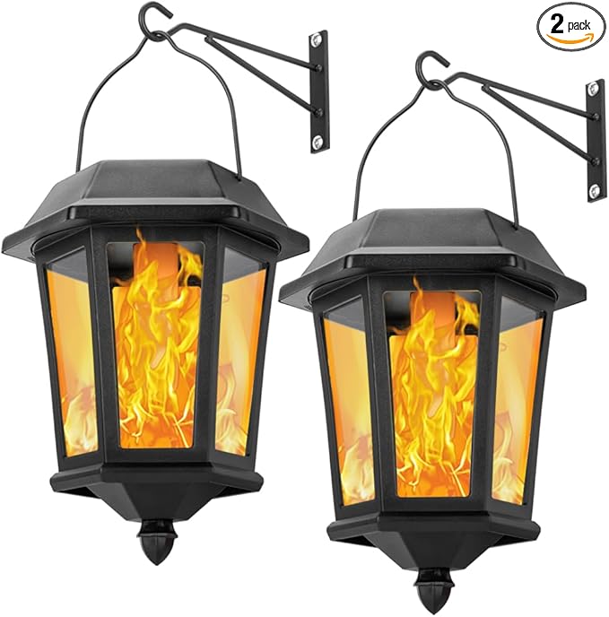 Solar Lanterns Outdoor Waterproof, Hanging Solar Lights with Glass Shade - 2 Pack LED Metal Wall Mount Outdoor Light for Yard/Garden/Patio - Flame-VerdiqueGarden