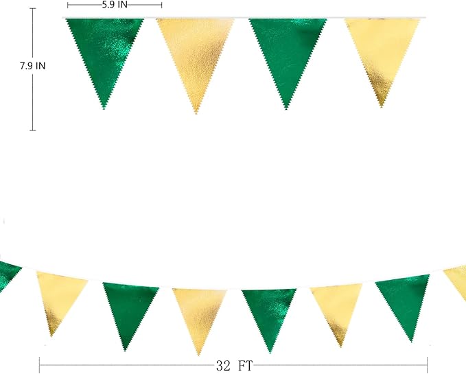 Green Gold Party Decorations Metallic Fabric Triangle Pennant Banner Flag Bunting Garland for Graduations Birthday Retirement Wedding Baby Shower Spring Summer Master Golf Theme Outdoor Party Supplies-VerdiqueGarden