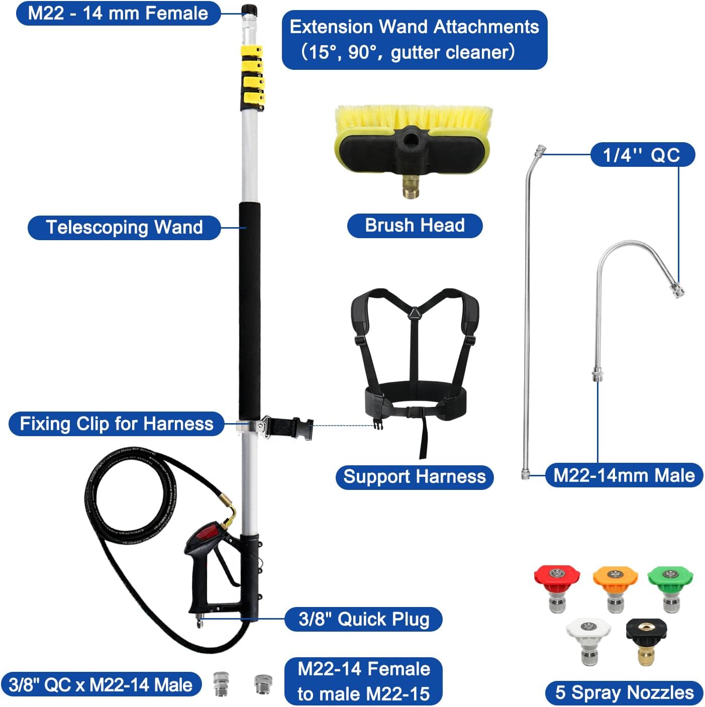 RAYNEL 24FT Telescoping Pressure Washer Extension Wand with Brush Head,Power Washer Extension Wand,Gutter Cleaner Attachment,5 Spray Nozzle Tips,Support Belt and 2 Hose Adapters-VerdiqueGarden