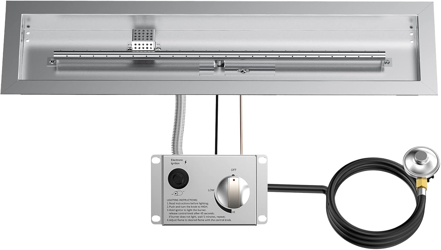 Skyflame 30" Linear Stainless Steel Fire Pit Drop-in Burner Kit with Flame Sensing, Electronic Spark Ignition, CSA Certified, and Propane Regulator Hose Set-VerdiqueGarden