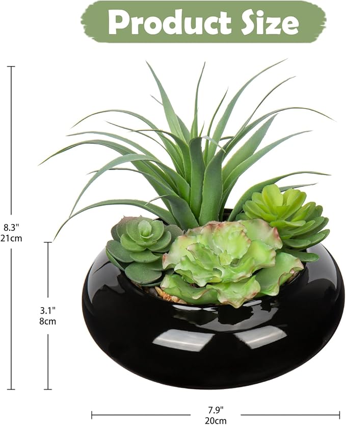 Large Artificial Succulents Plants Faux Succulents in Pots Fake Succulent Arrangement Potted Plants with Black Ceramic Pot for Office Desk Bathroom Shelf Living Room Indoor & Outdoor Home Decor-VerdiqueGarden