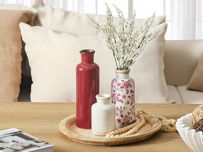 Vintage Vase Set of 3, Ceramic Vintage Flower Vases, Chinoiserie Decorative Home Decor Retro Floral Vase Rustic Farmhouse Decor for Table Bookshelf Mantel Kitchen Living Room Office - Red and White-VerdiqueGarden