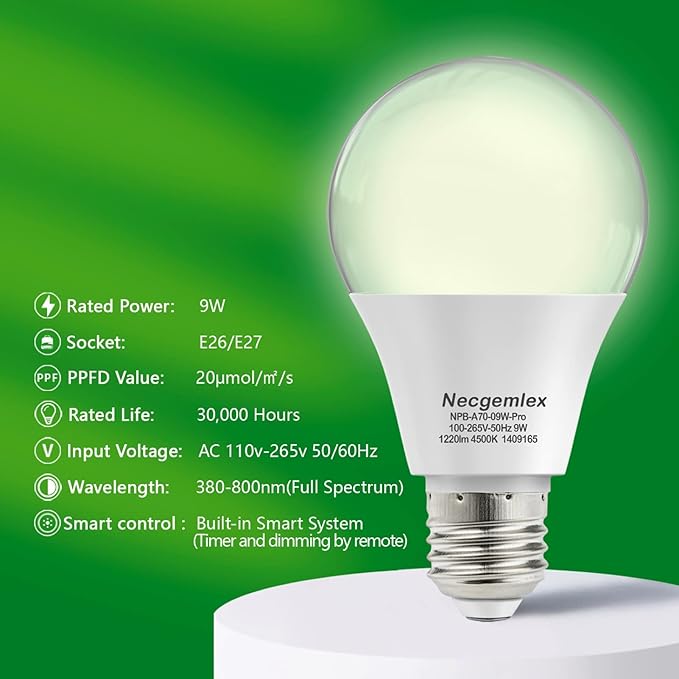 Smart LED Grow Light Bulbs with Remote Controller, Sun Simulation Mode, Built-in Auto Timer, A21/A70 E26/E27 9W Dimmable Full Spectrum Intelligent Plant Grow Bulbs for Indoor Plants, 6 Pack-VerdiqueGarden