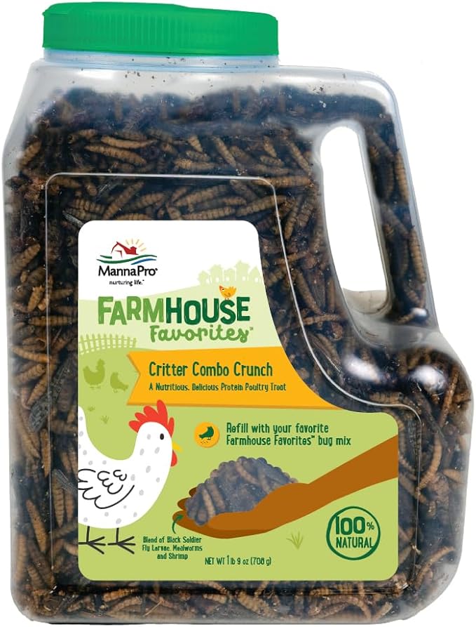 Manna Pro Farmhouse Favorites Critter Combo Crunch Bug Jug – Engaging Poultry Treat – Blend of Black Solider Fly Larvae, Mealworms & Shrimp – Great Source of Protein – Encourages Foraging – 25oz-VerdiqueGarden