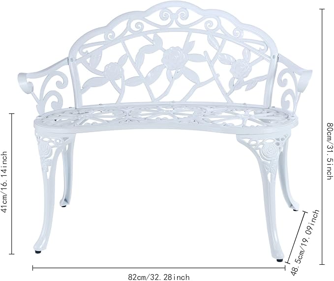 JARDIN DE CENTENNIAL Patio Garden Bench Metal Park Bench Cast Aluminum Outdoor Furniture with Floral Rose for Patio,Park,Lawn,Yard (White)-VerdiqueGarden
