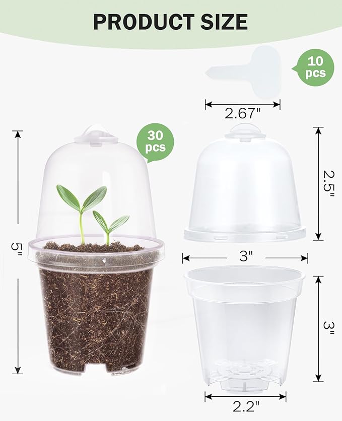 homenote Clear Nursery Pots for Plants,3 Inch Plant Pot for Planting with Humidity Domes Plastic Seedling with Drainage Holes Seed Starter Flower High Transparency (30 Pack)-VerdiqueGarden