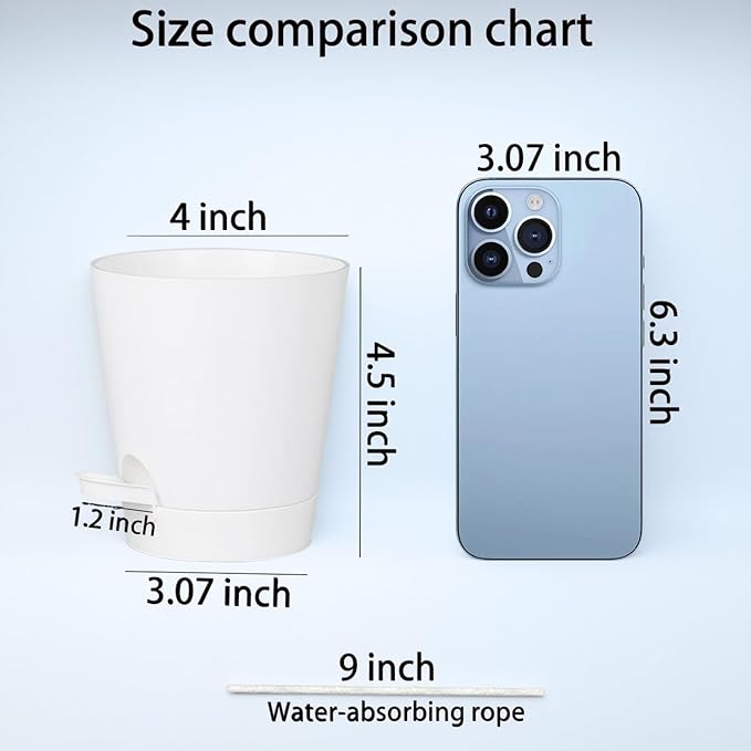 12 Pack 4 Inch Self Watering Plant Pots with Drainage and Saucers，Plastic Flower Pots for Indoor and Outdoor Plants, Nursery Planters for Houseplants and Herbs White, 4 inch 12pcs-VerdiqueGarden