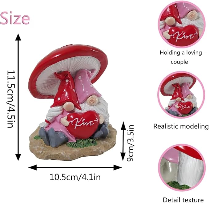 Garden Pink Tiny Gnome Couple Statue with Red Heart Mushroom Funny Outdoor Resin Figurines Home Decorations Valentine’s Day Housewarming Ornament Gift-VerdiqueGarden