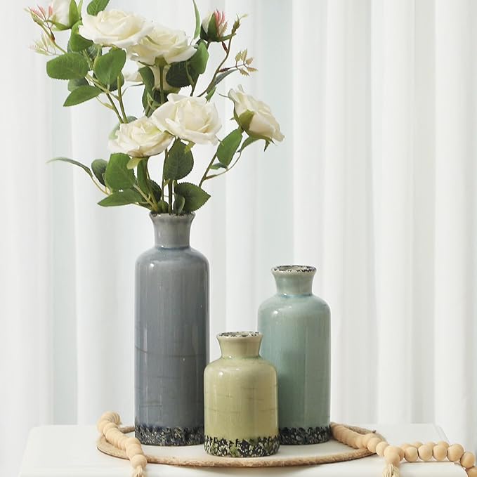 Flower Vase Set of 3, Ceramic Neutral Vases Home Decor, Pottery Rustic Farmhouse Decorative Vases Modern Decor for Table Mantel Entryway Bookshelf Living Room Kitchen Bedroom - Multicolor-VerdiqueGarden