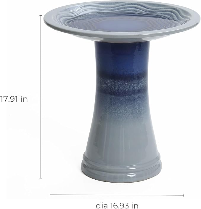 LuxenHome 18 Inch Ceramic Bird Bath for Outside, Elegant Tall Outdoor Bird Bath, Lightweight Pedestal Glazed Birdbaths for Outdoors with Swirl Pattern, Ombre Blue-VerdiqueGarden