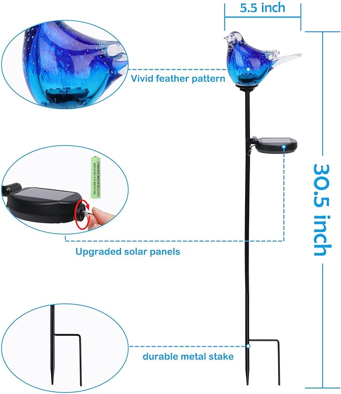 Afirst Solar Bluebird Garden Stake Lights - Hand Blown Glass Decorative Garden Pathway Lights Outdoor Waterproof Bird Glass Stakes-VerdiqueGarden