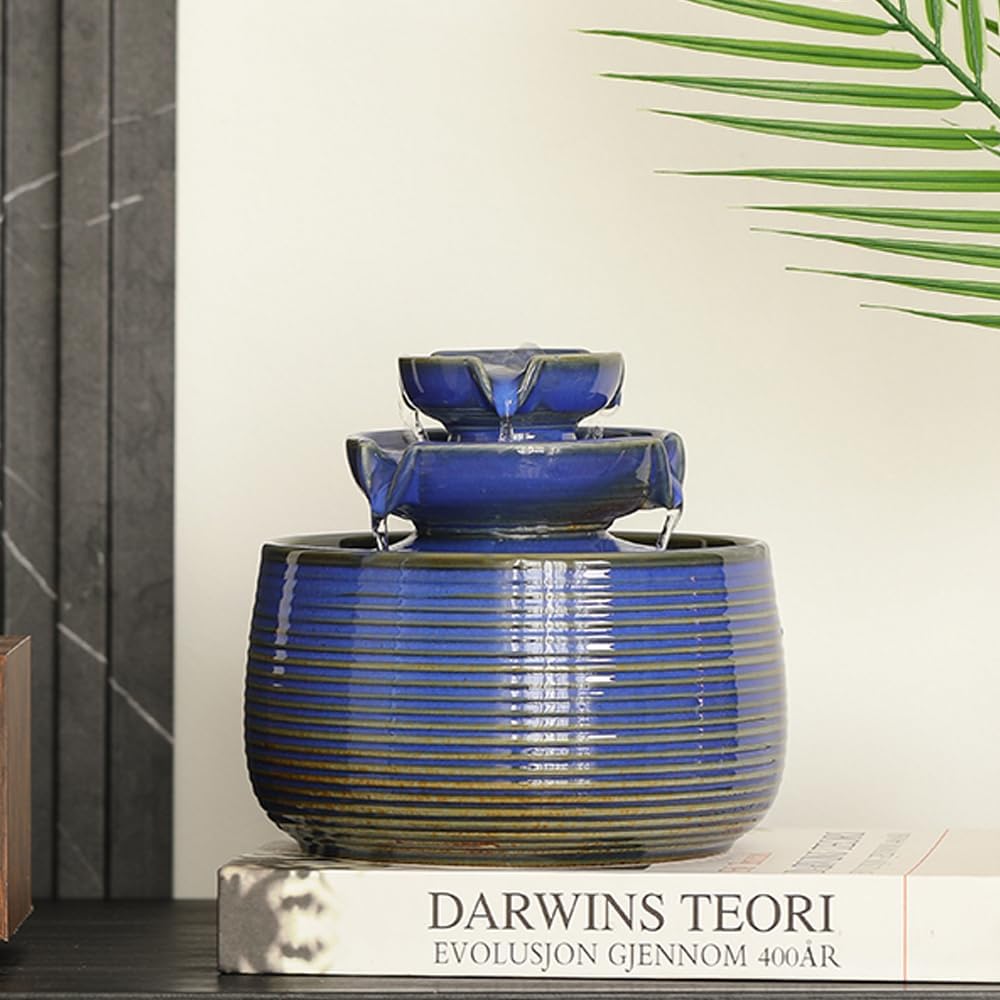 Outdoor and Indoor Water Feature Fountain Waterfall Tabletop Desktop mini Ceramic Garden Fountain (Blue A171)-VerdiqueGarden