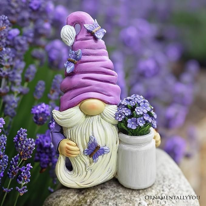 Garden Grace Lavender Gnome Figurine, 10" Purple Home Decor Statue with Butterflies and Flowers-VerdiqueGarden