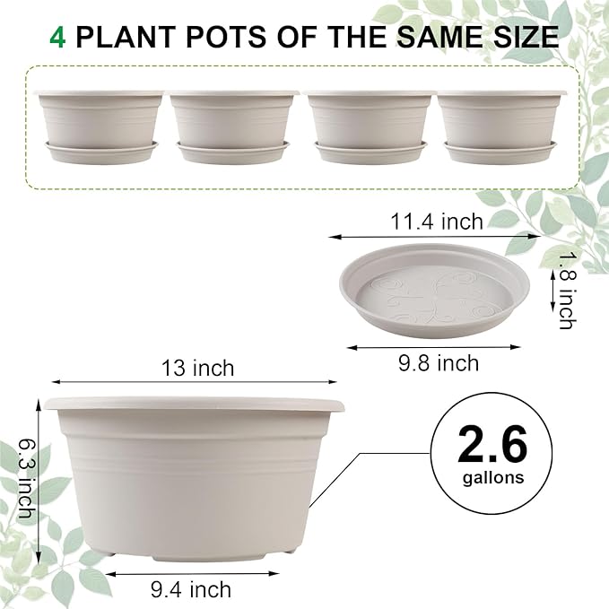 Large 4 Pack13 inch Plant Pots, Round Plastic Pots for Plants, Outdoor Planters with Drainage Hole & Tray Saucer, Decoration Large Flower Pots for Indoor Outdoor Garden Home Plants (White)-VerdiqueGarden