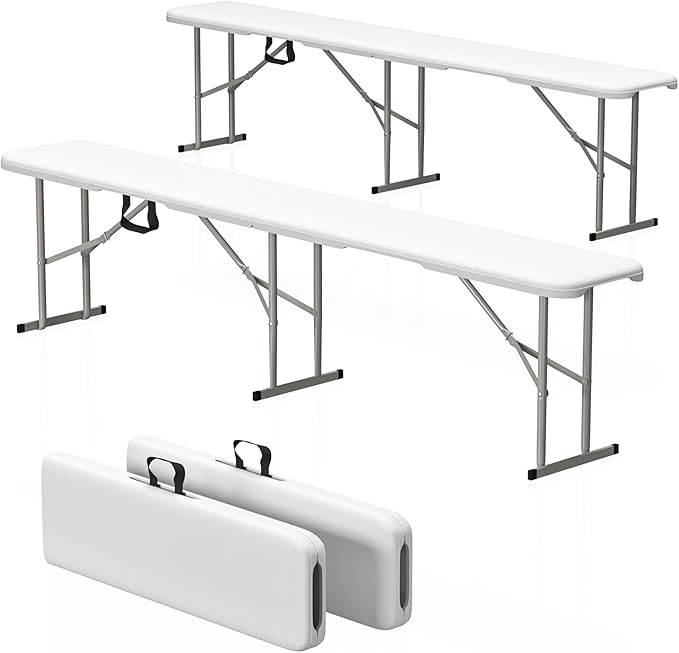 6ft HDPE Folding Bench, Foldable Seat with Sturdy Frame and Security Lock for Indoor and Outdoor, Multipurpose Entertaining Activities, Portable and Easy to Store, 2 Pack, White-VerdiqueGarden