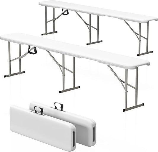 6ft HDPE Folding Bench, Foldable Seat with Sturdy Frame and Security Lock for Indoor and Outdoor, Multipurpose Entertaining Activities, Portable and Easy to Store, 2 Pack, White-VerdiqueGarden