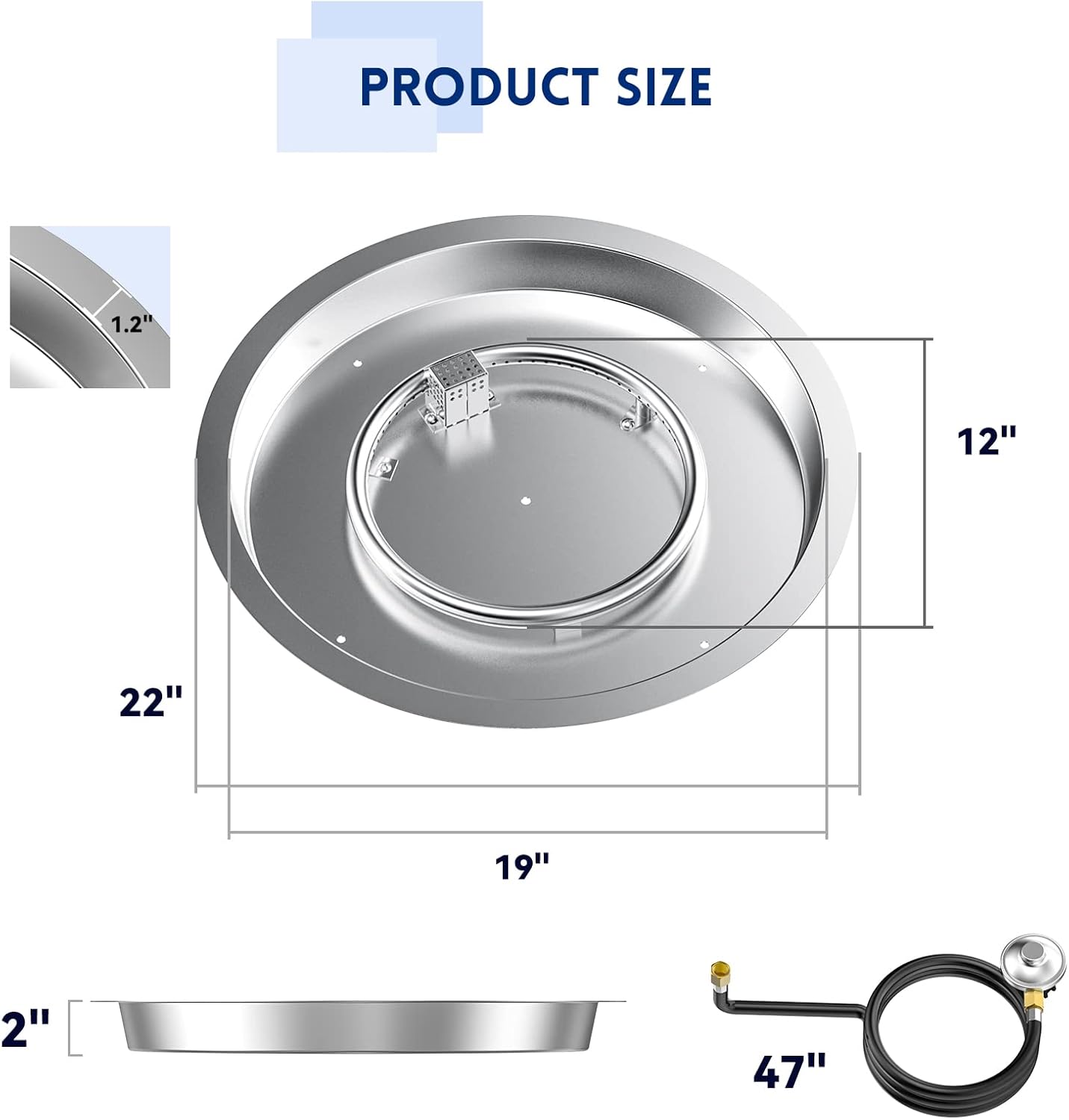 Skyflame 19" Round Stainless Steel Fire Pit Drop-in Burner Kit with CSA Certified, Flame Sensing, Electronic Spark Ignition, Propane Regulator Connector Hose Set for Propane Tank-VerdiqueGarden