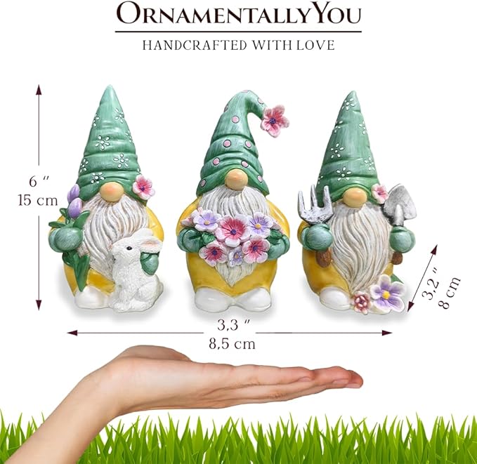 Garden Guardians Set of Three 6" Gardening Gnome Figurines, Floral Green and Yellow Statue Decor-VerdiqueGarden