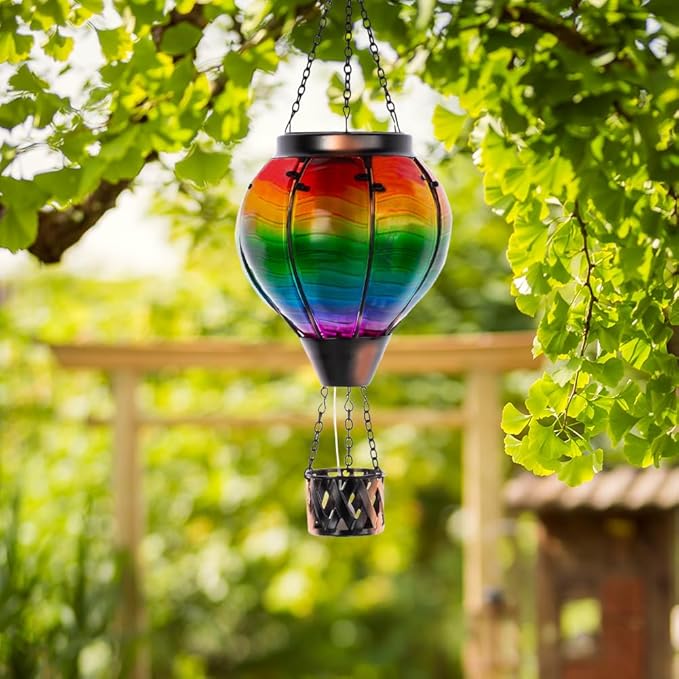 Starsoul Solar Hot Air Balloon Lantern with Flame Multi-Color Hot Air Balloon Lantern with Candle Holder Metal & Glass Hanging Garden Light Waterproof Outdoor Lantern Decor-VerdiqueGarden