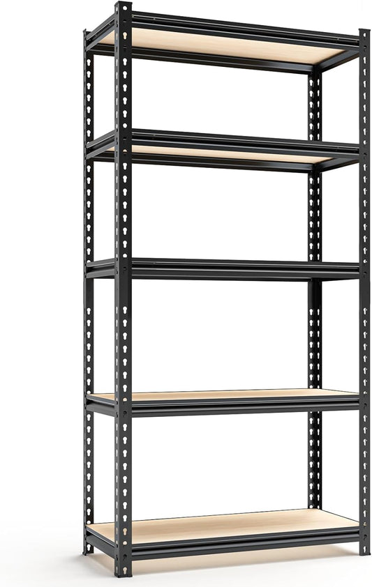 5-Tier Adjustable Metal Storage Shelves, Heavy Duty Garage Shelving 60" H x 28" W x 12" D, Shelving Unit Rack for Kitchen, Classroom, Dormitory, Basement & Warehouse (Black)-VerdiqueGarden