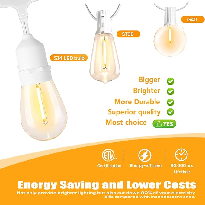 SUFEIMAS 100FT White Outdoor String Lights,IP65 Waterproof 30+2 Plastic LED Bulbs 2700K White Patio String Lights for Outside Porch, Pergola, Backyard, Bistro, Garden,Wedding Lights-VerdiqueGarden