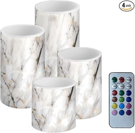 Flameless LED Battery Candles 4 PCS Pillar Candles with 18-Key Timer Remote Control Colorful Lights for Table Centerpiece Home Indoor Wedding Decoration, White Grey Marble-VerdiqueGarden