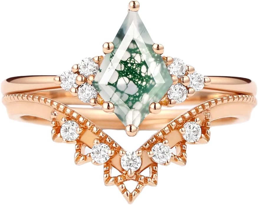 Natural Moss Agate Bridal Ring Set for Women 1CT Kite-cut Moss Agate Engagement Ring Set 925 Sterling Silver 10K 14K 18K Gold Classic Wedding Ring Set