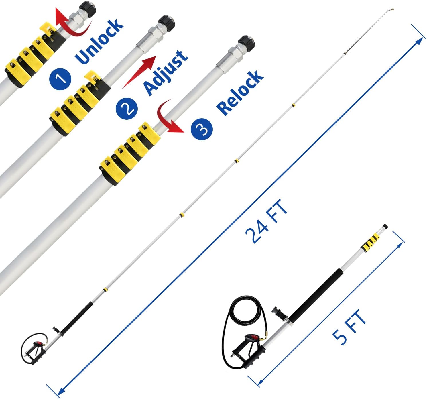 RAYNEL 24FT Telescoping Pressure Washer Extension Wand with Brush Head,Power Washer Extension Wand,Gutter Cleaner Attachment,5 Spray Nozzle Tips,Support Belt and 2 Hose Adapters-VerdiqueGarden