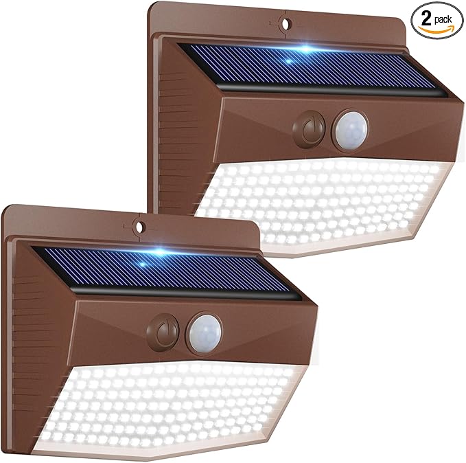 Peasur 2 Packs Solar Outdoor Lights Motion Sensor Solar Security Lights Waterproof with 3 Lighting Modes Solar Powered Wall Lights Outside for Garden Fence Yard Deck, Brown-VerdiqueGarden