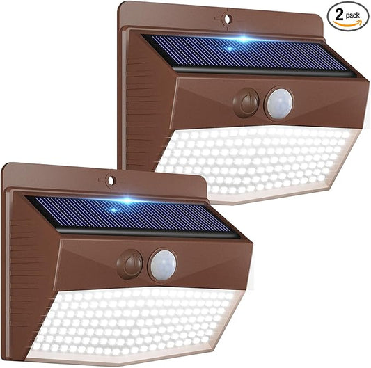 Peasur 2 Packs Solar Outdoor Lights Motion Sensor Solar Security Lights Waterproof with 3 Lighting Modes Solar Powered Wall Lights Outside for Garden Fence Yard Deck, Brown-VerdiqueGarden