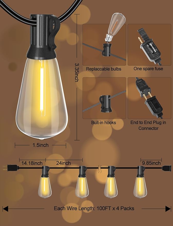 SUFEIMAS Outdoor String Lights Waterproof 400FT (100ft*4) shatterproof Patio Lights for Outside with 212 Vintage dimmable LED Edison Bulbs,Backyard Lights for Fence Garden,Balcony Porch Party Bistro-VerdiqueGarden