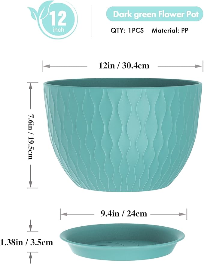 12 Inch Large Plant Pots for Indoor or Outdoor Plants, Wide Water Ripples Flower Pots with Drainage Holes & Saucer, Plastic Planters Set for Garden & Home Decor (Blue Green)-VerdiqueGarden