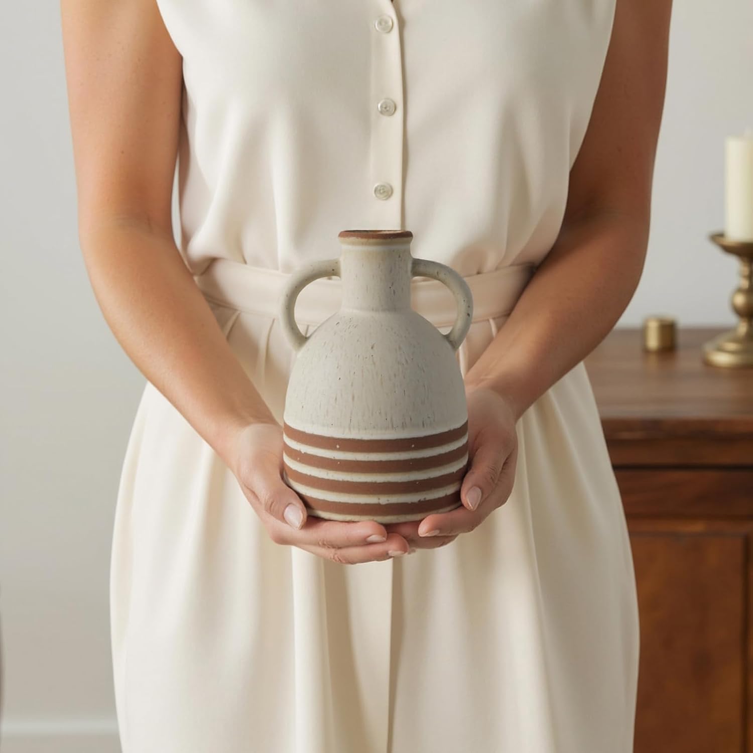 Rustic Farmhouse Ceramic Vase, Pastoral with 2 Ear Design, Boho Vintage Terracotta Vases for Bouquet、Fake Plants, Suitable for Home Decor, Shelf, Dining Table, Living Room, Mantle, Bathroom, 6.9 Inch-VerdiqueGarden